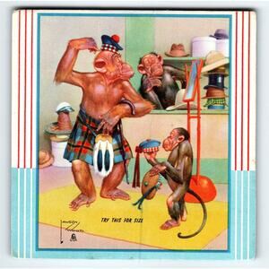 Monkey Dressed In Kilt And Hat Fantasy Trade Card Artist Lawson Wood 1940's